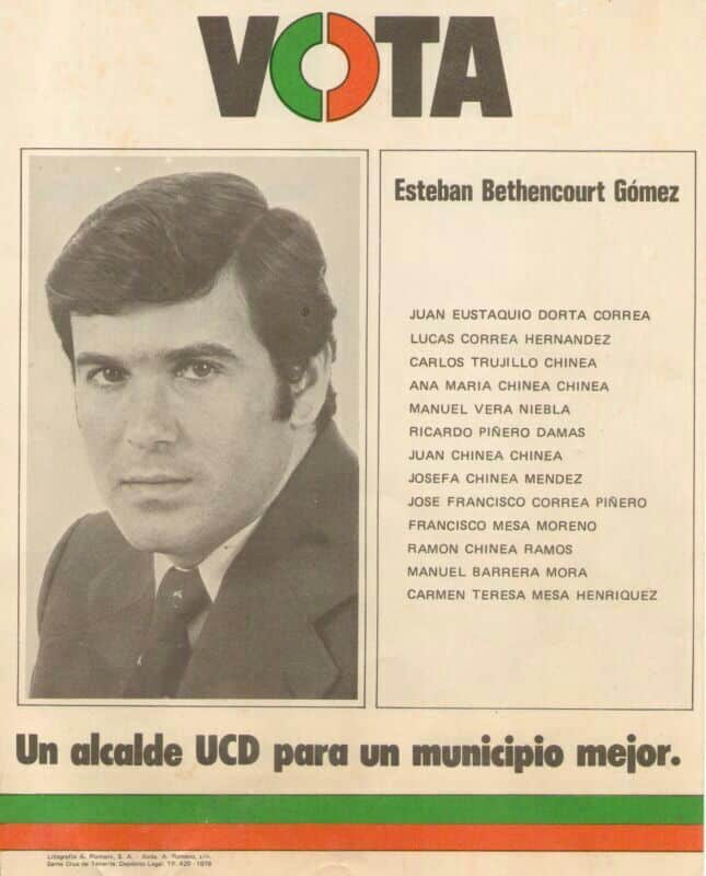Publicidad electoral de la UCD con la imagen de Esteban Bethencourt y su candidatura.