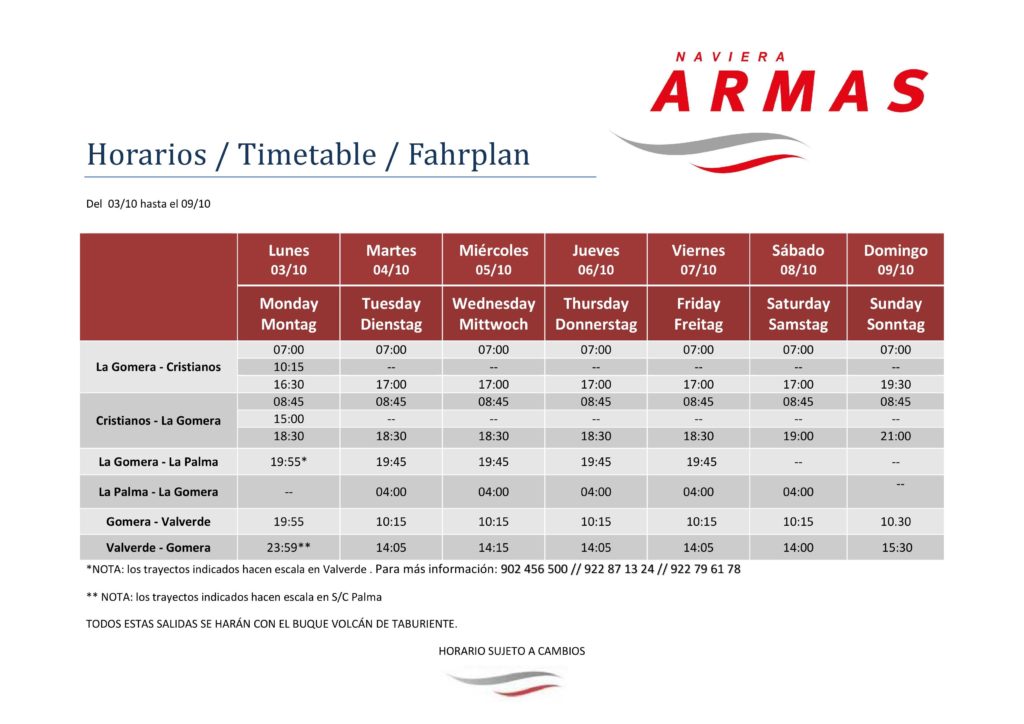 Horarios del Buque 'Volcán de Taburiente' a partir de este día 3 de octubre