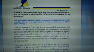 Comunicado de prensa remitido a través del correo electrónico de Coalición Canaria en La Gomera