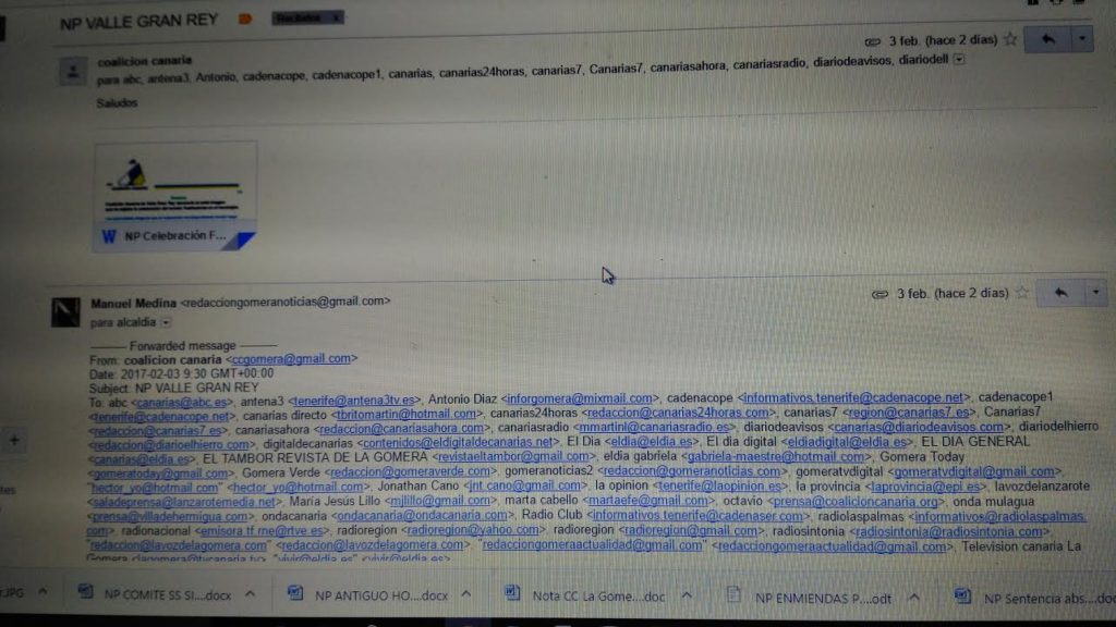 Correo Electrónico de Coalición Canaria recibido en los medios de comunicación.